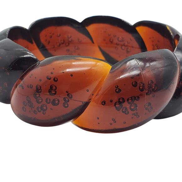 Vintage Root Beer Brown Acrylic Bangle Twisted Chunky Ribbed Bracelet Bubbles - Picture 5 of 9